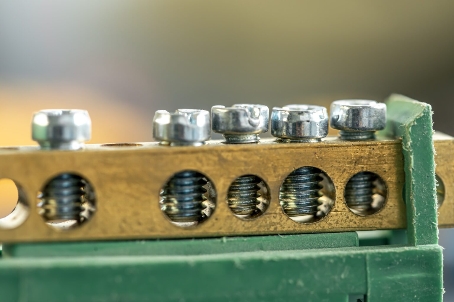 Terminal blocks and distribution blocks, close up.